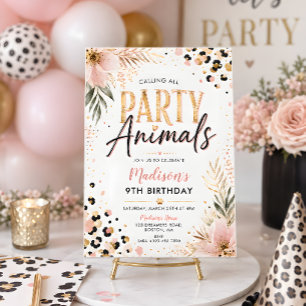 Party Animals Pink Florale Mädchen Geburtstagsfeie Einladung