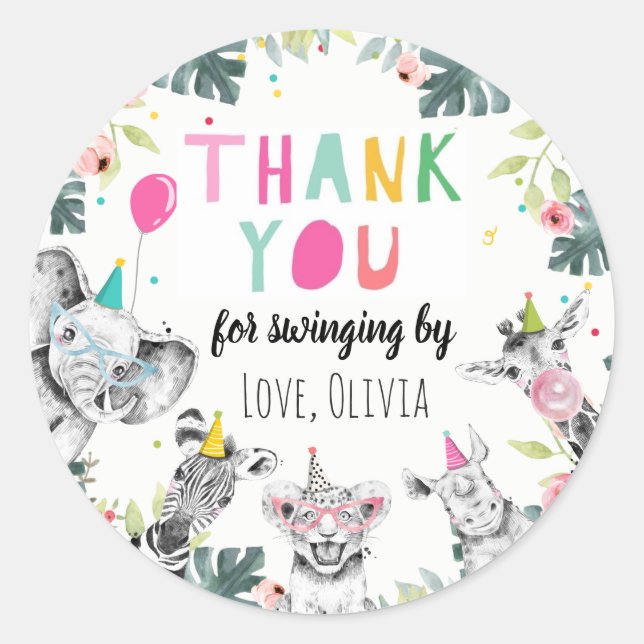 Party Animals Safari Girl Pink Danke Wild Runder Aufkleber (Vorderseite)