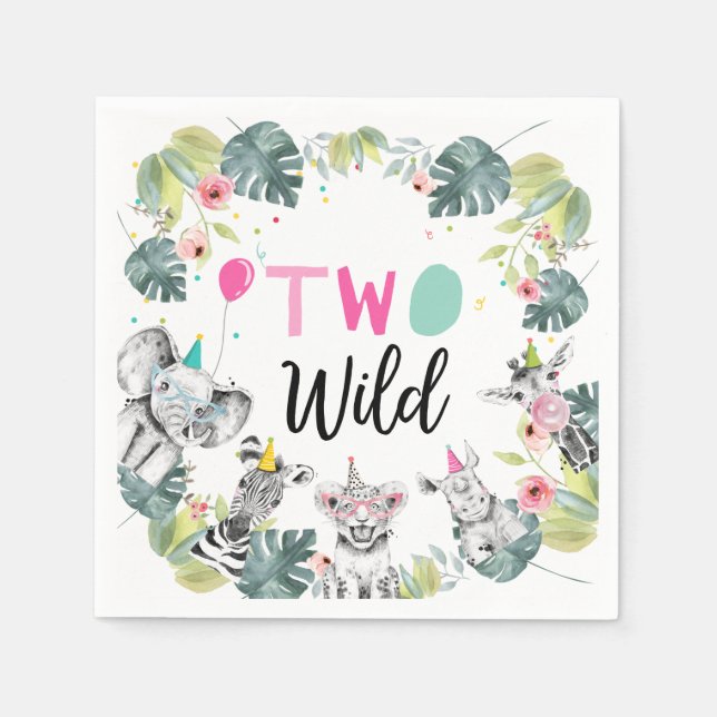 Party Animals Safari Girl Pink Zweites Geburtstag  Serviette (Vorderseite)