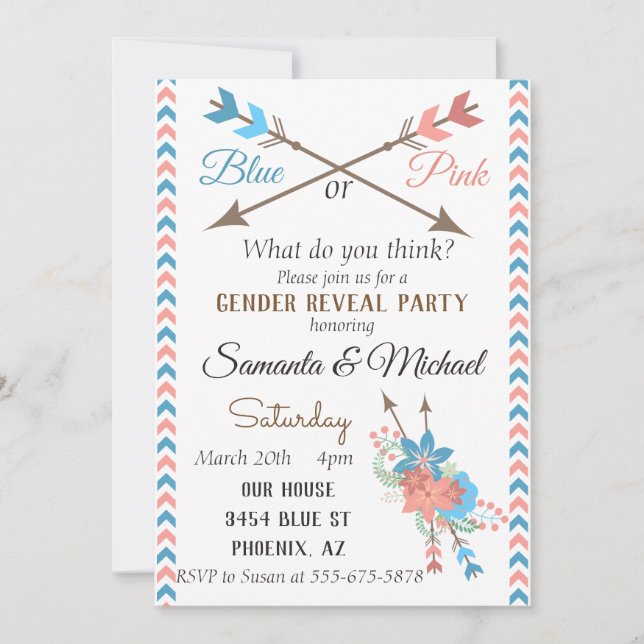 Party Arrow Blue Pink Boho Blume Einladung (Vorderseite)