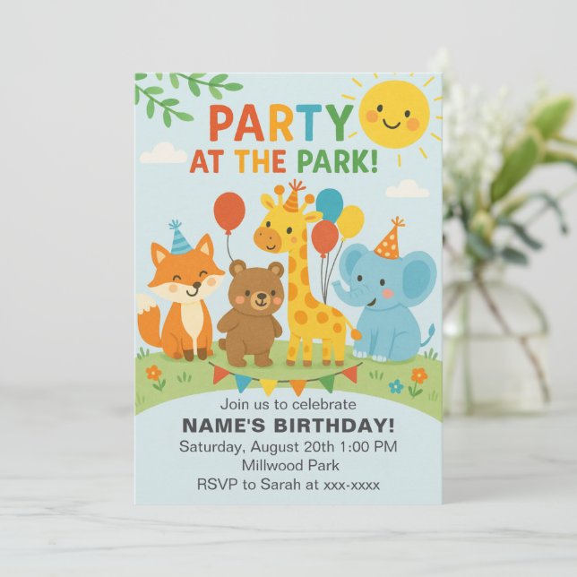 Party at The Park Animals Birthday Invitation Einladung (Stehend Vorderseite)