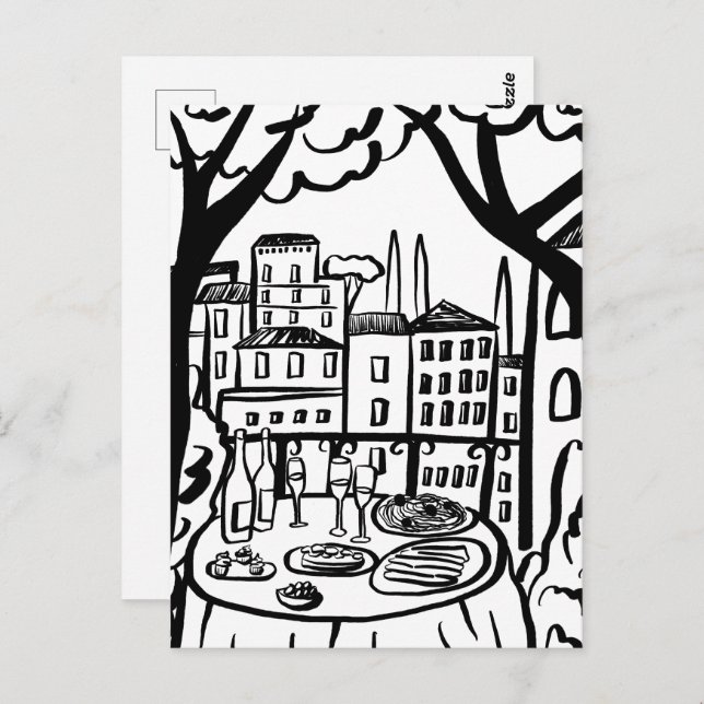Party auf der Terrasse Whimsical City Hand Drawn Postkarte (Vorne/Hinten)