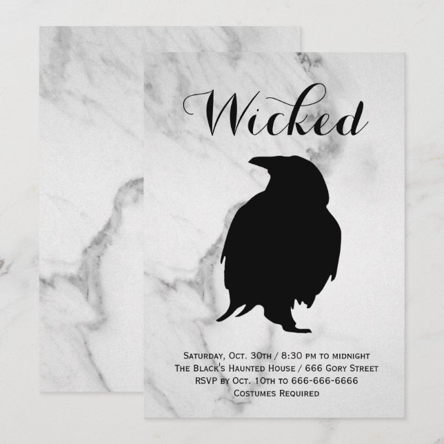 Party aus elegantem Marmor Rabe Halloween Einladung (Vorne/Hinten)