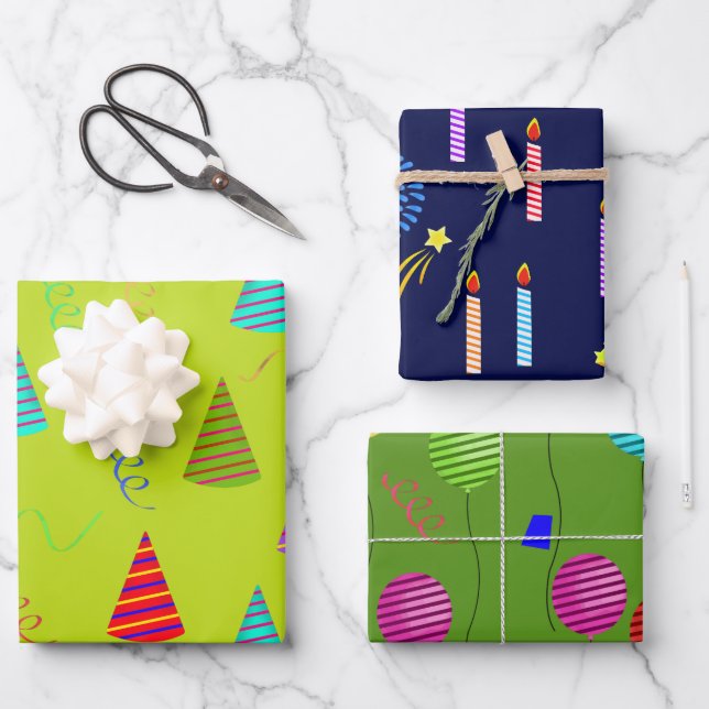 Party Balloons, Hats und Kerzen in farbenfrohen St Geschenkpapier Set (Vorderseite)
