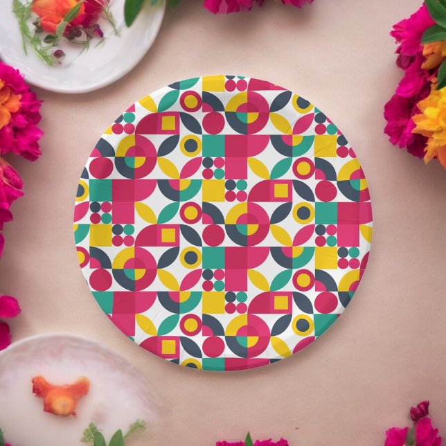 Party Bauhaus Style Pappteller (retro color theme,birthday,wedding,baby shower,special occasion event paper plate party supplies)