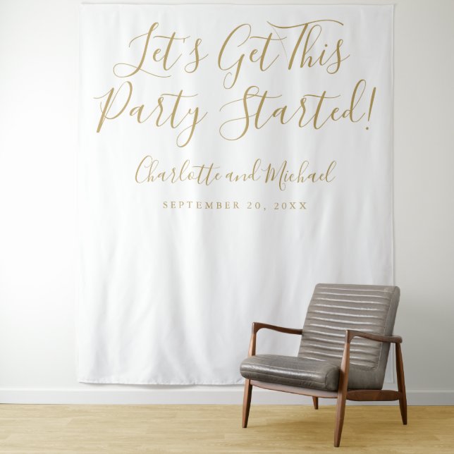 Party Begonnen Gold Script Foto Stand Hintergrund Wandteppich (Beispiel)