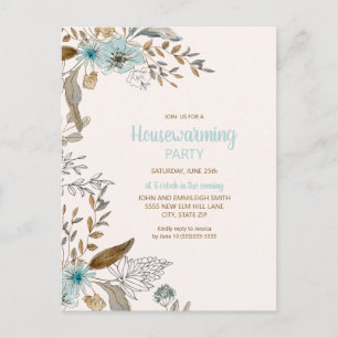 Party Blue Brown Floral Blätter Boho Postkarte