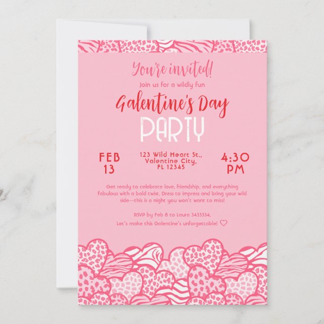 Party Blush Pink Animal Print Heart Galentines Day Einladung (Vorderseite)