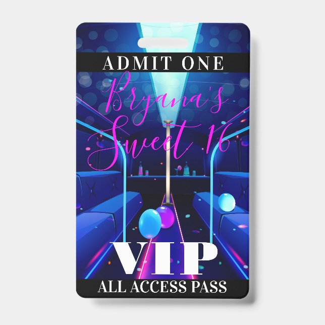 Party Bus Blacklight Tanz Sweet 16 VIP Pass Ausweis (Vorderseite)