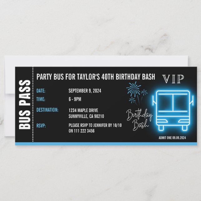 Party Bus Pass Ticket VIP Geburtstag Einladung (Vorderseite)