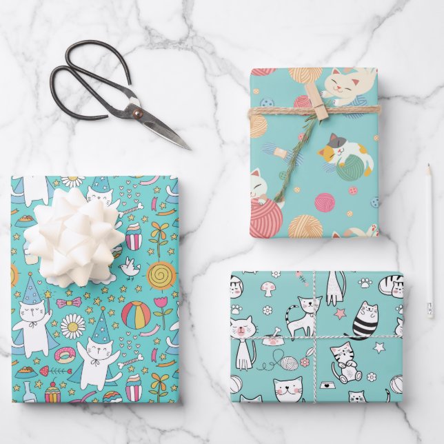Party Cats Wrapping Paper Geschenkpapier Set (Vorderseite)