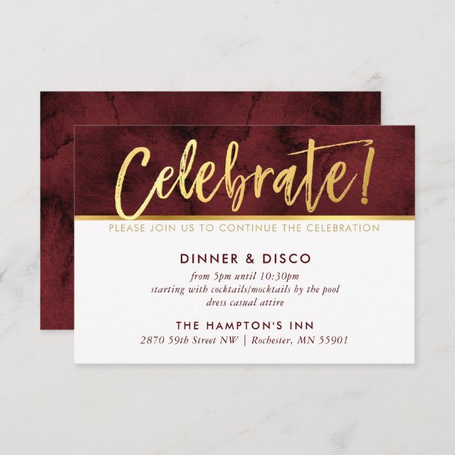 PARTY CELEBRATION CARD Maroon Aquarellgold Typ Einladung (Vorne/Hinten)