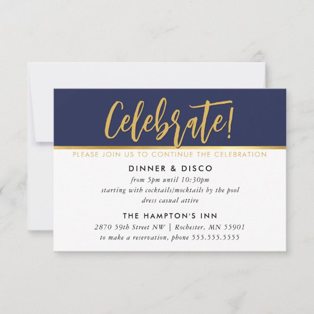 PARTY CELEBRATION CARD Modernes Marineboldgold Einladung (Vorderseite)