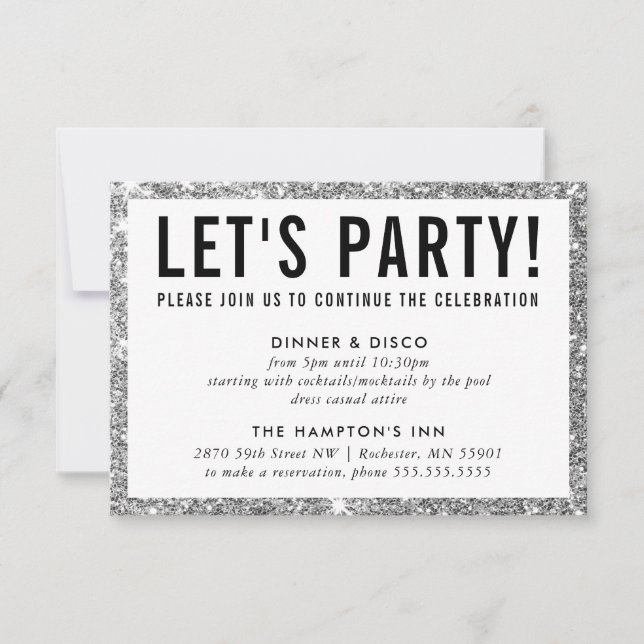 PARTY CELEBRATION INFO cute modern silver glitter Einladung (Vorderseite)