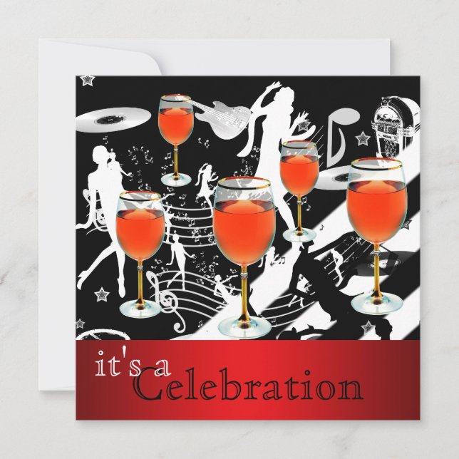 Party Celebration Red Wine Glass Retro Musik Einladung (Vorderseite)