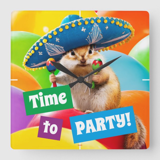 Party Chipmunk in Sombrero Quadratische Wanduhr (Vorderseite)