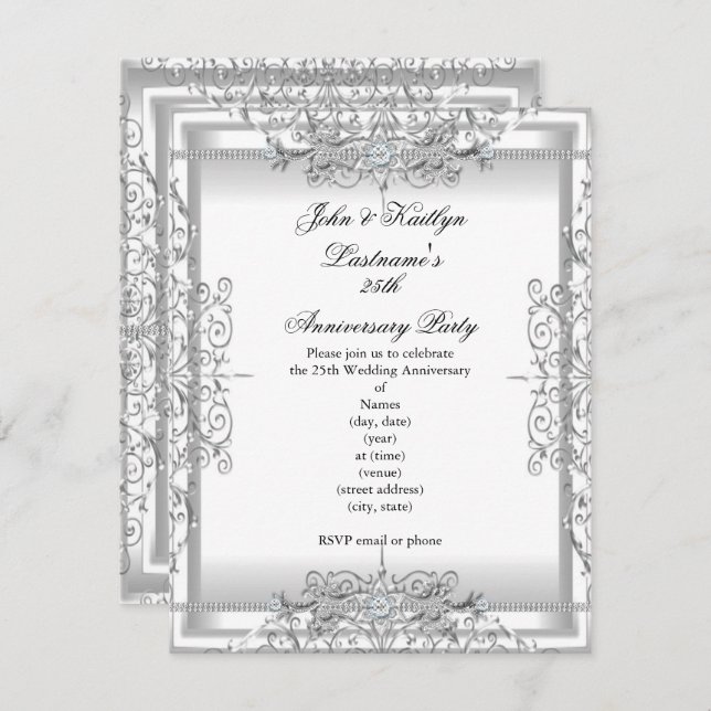 Party Damask Silver White zum 25. Jahrestag Einladung (Vorne/Hinten)
