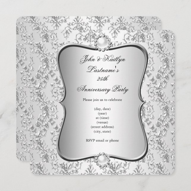 Party Damask Silver White zum 25. Jahrestag Einladung (Vorne/Hinten)
