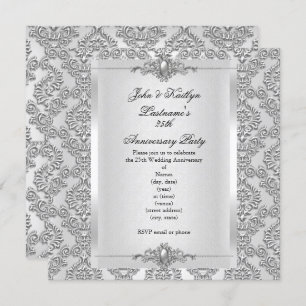 Party Damask Silver White zum 25. Jahrestag Einladung