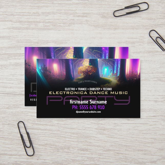 Party DJ Dance Magic Forest Lights Business Card Visitenkarte (Vorderseite/Rückseite Beispiel)