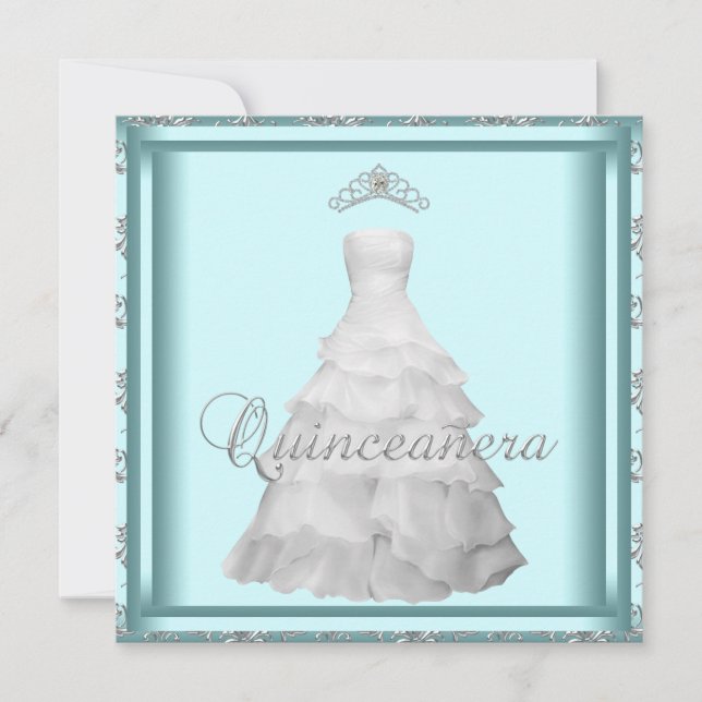 Party Dress Tiara Aquamarin Blue White Quinceanera Einladung (Vorderseite)