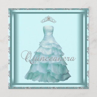Party Dress Tiara Aquamarin Damask Quinceanera Einladung