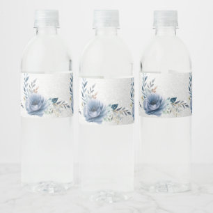 Party Dusty Blue Wasserfarbe Blumen Silber Elegant Wasserflaschenetikett