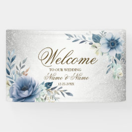 Party Dusty Blue Watercolor Blume Silber Elegant Banner