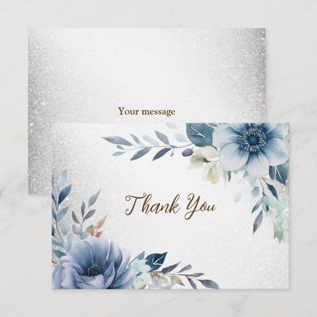 Party Dusty Blue Watercolor Blume Silber Elegant Dankeskarte (Vorne/Hinten)