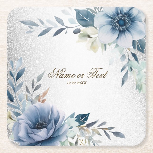Party Dusty Blue Watercolor Blume Silber Elegant Rechteckiger Pappuntersetzer (Vorderseite)