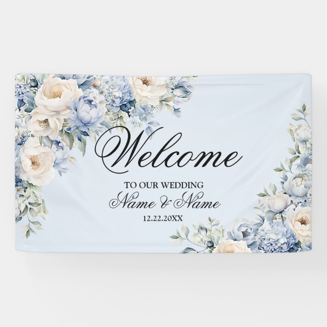 Party Dusty Blue Watercolor Elfenbeinfarbene Blume Banner (Horizontal)