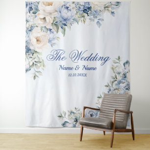 Party Dusty Blue Watercolor Elfenbeinfarbene Blume Wandteppich