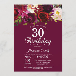 Party Einladung Burgund Floral 30. Geburtstag