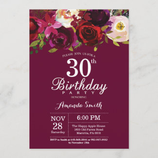 Party Einladung Burgund Floral 30. Geburtstag