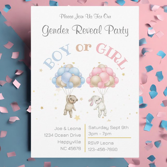 Party Einladung der Bear & Bunny Gender (Bear, bunny and balloons pink and blue gender reveal party invitation)