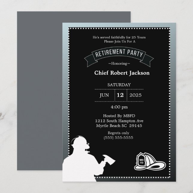 Party Einladung des Feuerwehrmanns, grau, schwarz (Vorne/Hinten)