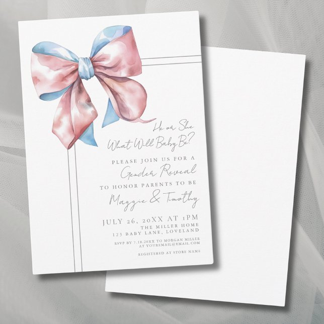 Party Einladung des rosa und blauen Geschlechts (Pink And Blue Bow Gender Reveal Party Invitation)