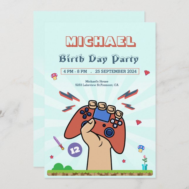 Party Einladung des Videospiels Kindergeburtstag (Vorne/Hinten)