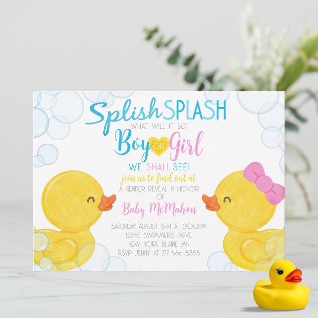 Party Einladung des weiblichen Geschlechts (Splish Splash Boy or Girl Watercolor Rubber Duck Gender Reveal Party Invitations)
