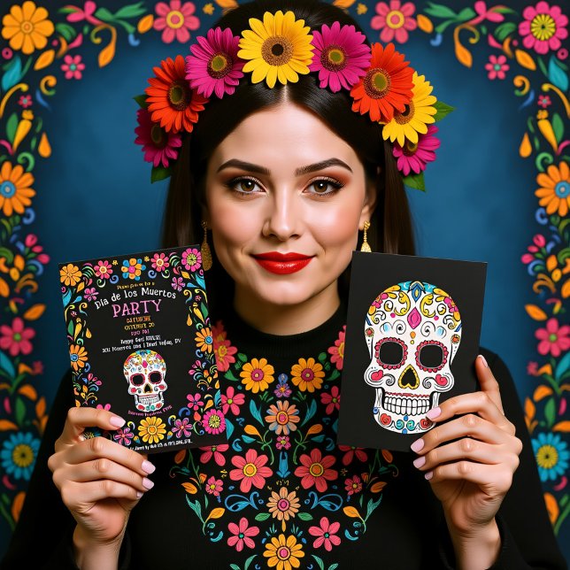 💀 🎉 Party Einladung Día de Muertos (💀🎉 Colorful Día de Muertos Party Invitation, custom text)