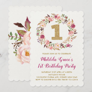 Party Einladung Floral First 1. Geburtstag Girl
