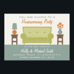 Party Einladung für den Wohnungsbau - Sofa für das<br><div class="desc">Eine moderne Party Einladung mit einem Farbschema aus Grün,  Orange,  Blau und Braun. Das grüne Sofa befindet sich in der Mitte zwischen braunen Tischen mit einer Vase aus Blume und einer Lampe. Der Boden ist blau. Personalisieren Sie den Text oben und unten mit Details zu Ihrem Anlass.</div>