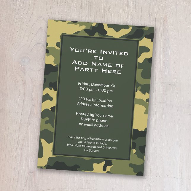 Party Einladung: Green Military Camouflage Einladung (A camouflage print birthday party invitation)