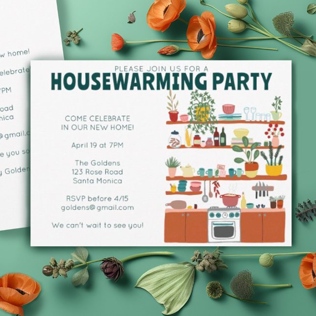 Party Einladung Niedlich Gemütliche Küche (Cute charming whimsical kitchen illustration on these custom housewarming party invitations)