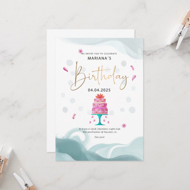 Party Einladung | Pink Cake Theme | Custo (Vorderseite/Rückseite Beispiel)