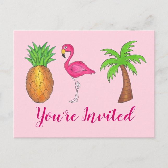 Party Einladung Pink Flamingo Palm Tree Ananas (Vorderseite)