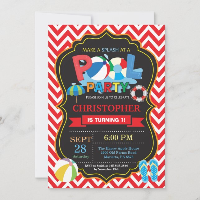 Party Einladung Red Splish Splash Boy (Vorderseite)