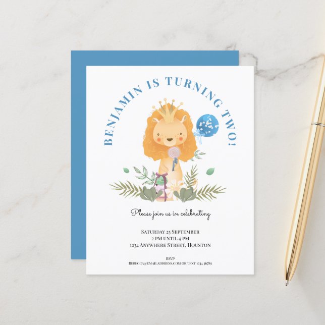 Party Einladung zum 2. Geburtstag der Löwenjungen (Vorderseite/Rückseite Beispiel)