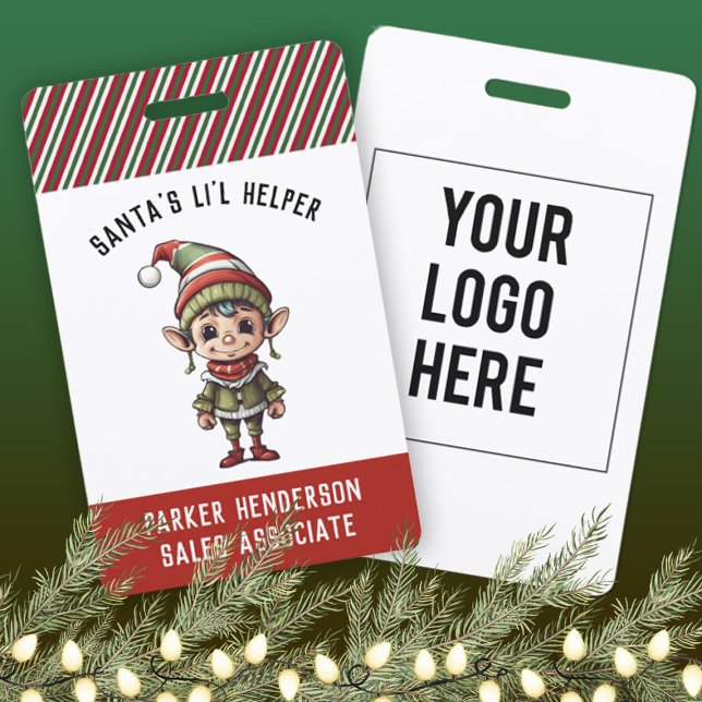 Party Elf Name Tag Ausweis (boy elf name badge for company Christmas party.)