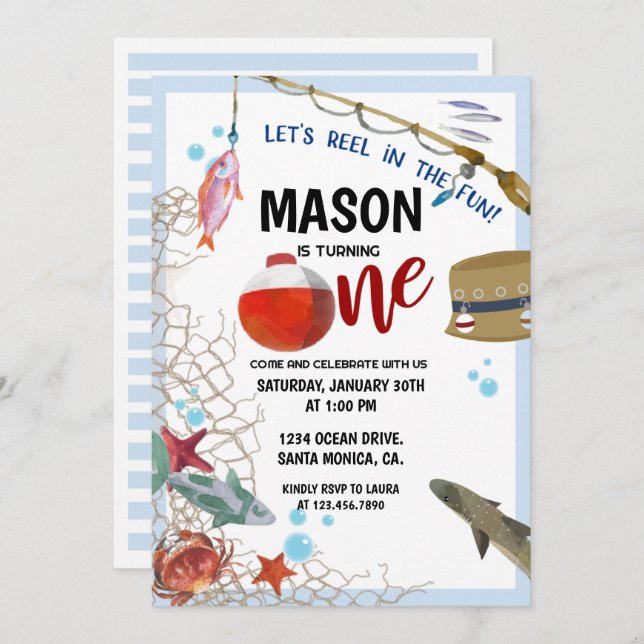 Party, erster Geburtstag, FISCHEREIEINLAGE Einladung (Vorne/Hinten)